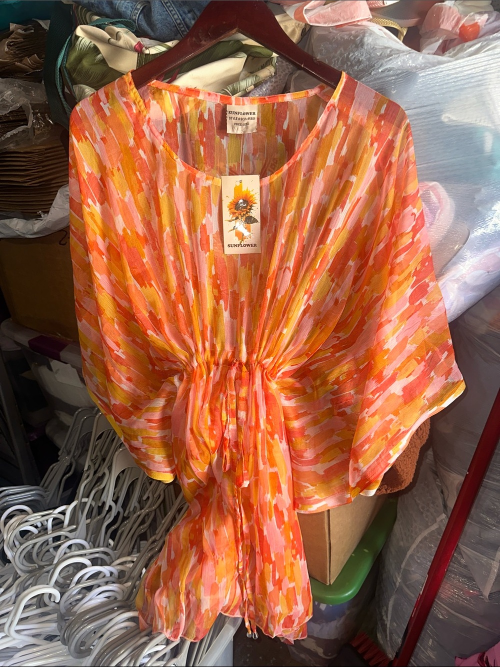 Sunflower Sheer Tie-Waist Kimono in Coral Multi